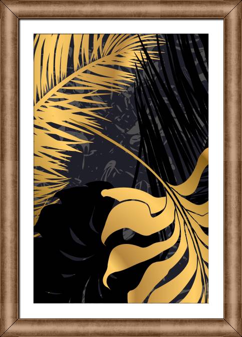 Купить и печать на заказ Картины в рамке, багете Золотые и черные листья пальмы