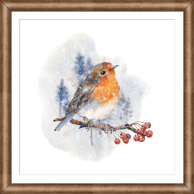 Купить и печать на заказ Картины в рамке, багете Малиновка на акварельном фоне