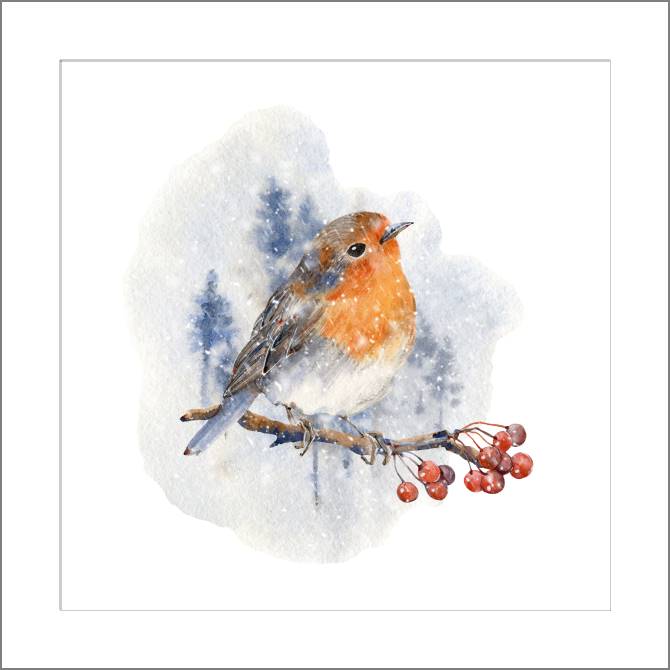 Купить и печать на заказ Картины, фото с паспарту Малиновка на акварельном фоне