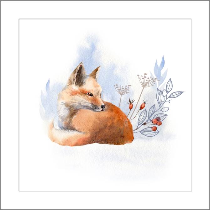 Купить и печать на заказ Картины, фото с паспарту Лиса на акварельном фоне