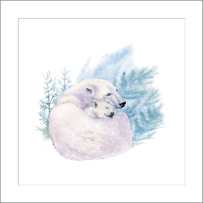 Купить и печать на заказ Картины, фото с паспарту Белые медведи на акварельном фоне