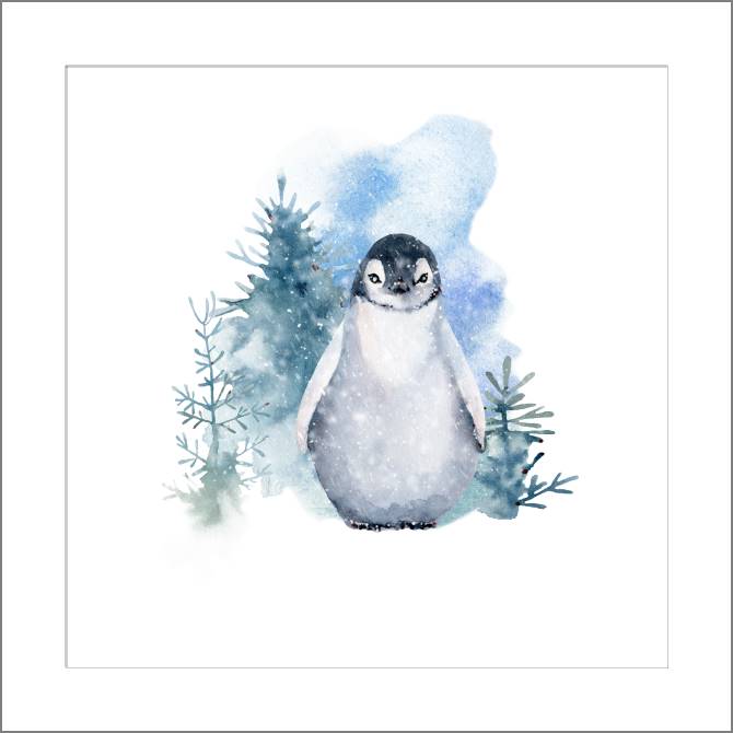 Купить и печать на заказ Картины, фото с паспарту Пингвинёнок на акварельном фоне