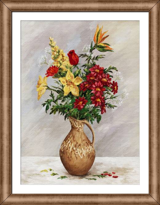 Купить и печать на заказ Картины в рамке, багете Пестрый букет из лилий и хризантем