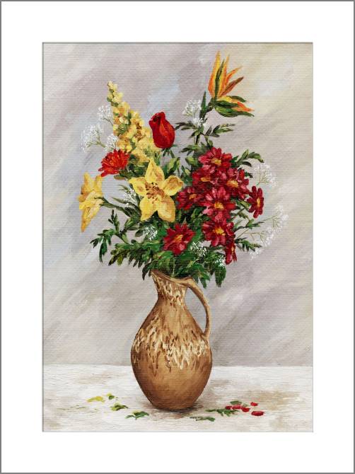 Купить и печать на заказ Картины, фото с паспарту Пестрый букет из лилий и хризантем