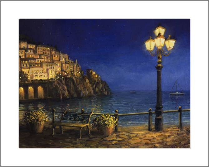 Купить и печать на заказ Картины, фото с паспарту Ночь на побережье Италии