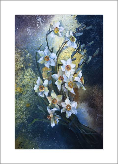 Купить и печать на заказ Картины, фото с паспарту Нарциссы маслом