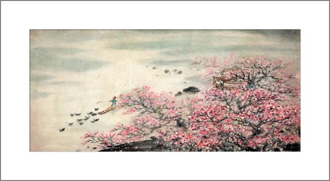 Купить и печать на заказ Картины, фото с паспарту Пейзаж с сакурой
