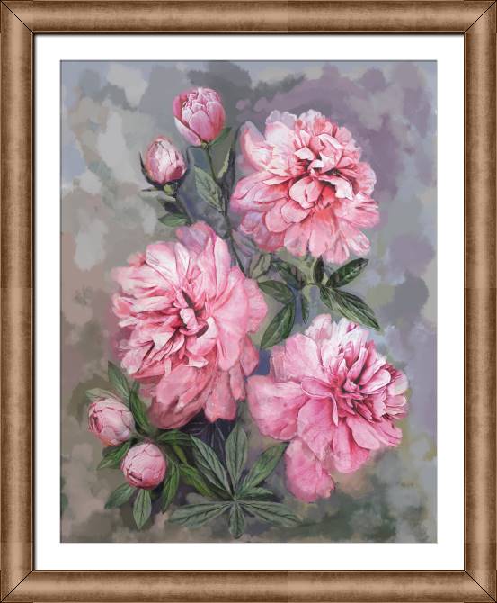 Купить и печать на заказ Картины в рамке, багете Розовые пионы на сером фоне