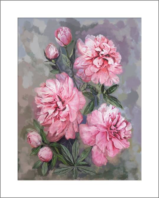 Купить и печать на заказ Картины, фото с паспарту Розовые пионы на сером фоне