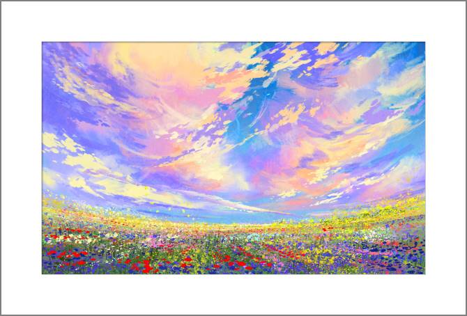 Купить и печать на заказ Картины, фото с паспарту Красивое небо над полем цветов
