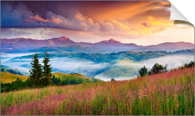Купить и печать на заказ Картины на холсте Туманный летний восход солнца в Карпатах