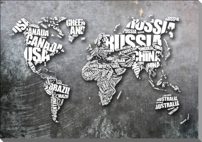 Купить и печать на заказ Картины на пластике, пеноркартоне Карта мира из названий стран