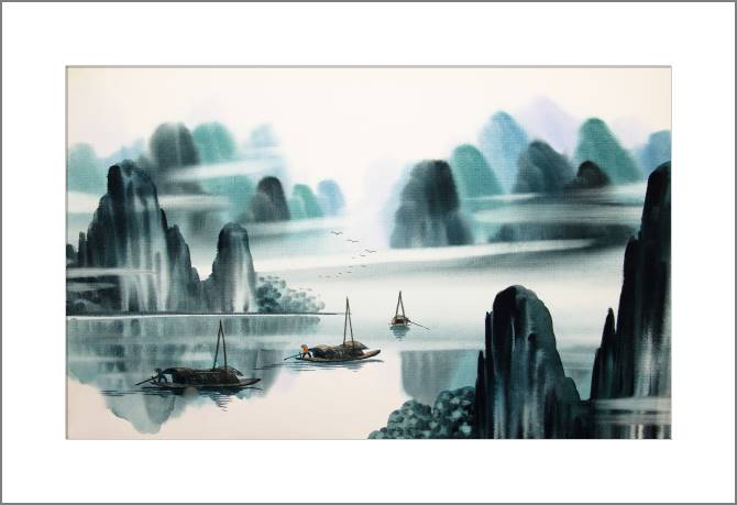 Купить и печать на заказ Картины, фото с паспарту Китайский пейзаж с лодками