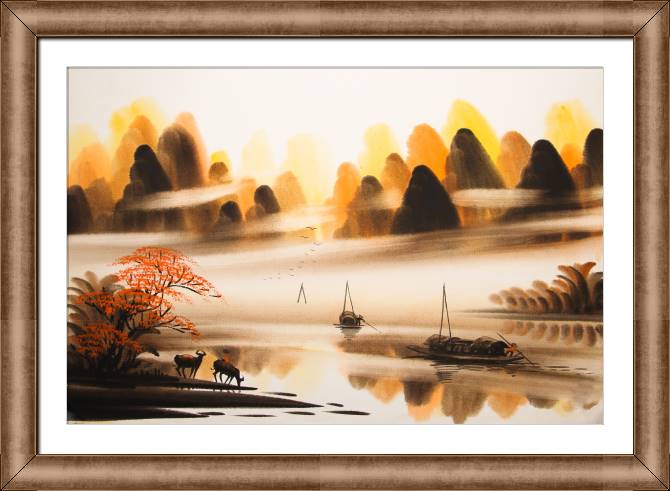 Купить и печать на заказ Репродукции картин Туманный пейзаж с лодками