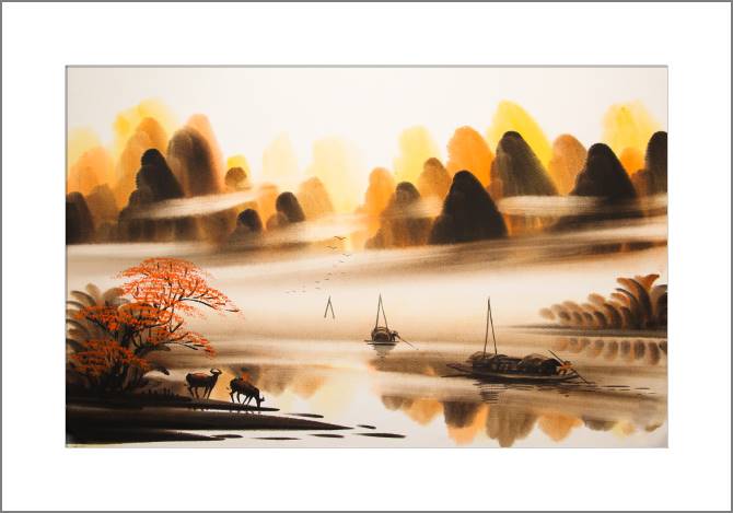 Купить и печать на заказ Картины, фото с паспарту Туманный пейзаж с лодками