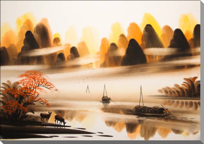 Купить и печать на заказ Картины на пластике, пеноркартоне Туманный пейзаж с лодками