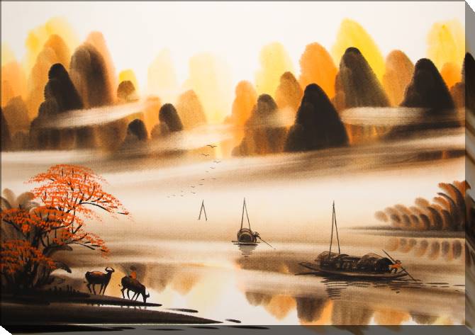Paintings on canvas Misty landscape with boats