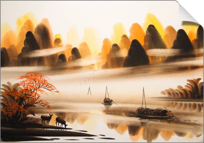 Купить и печать на заказ Картины на холсте Туманный пейзаж с лодками