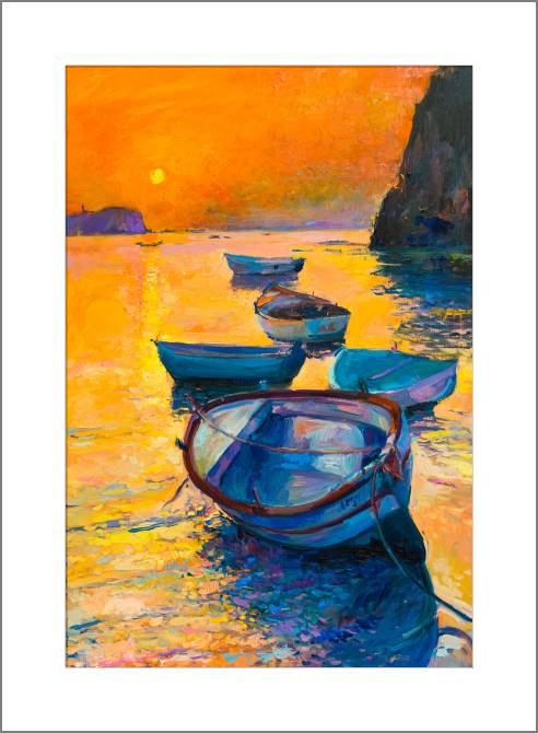 Купить и печать на заказ Картины, фото с паспарту Лодки на закате