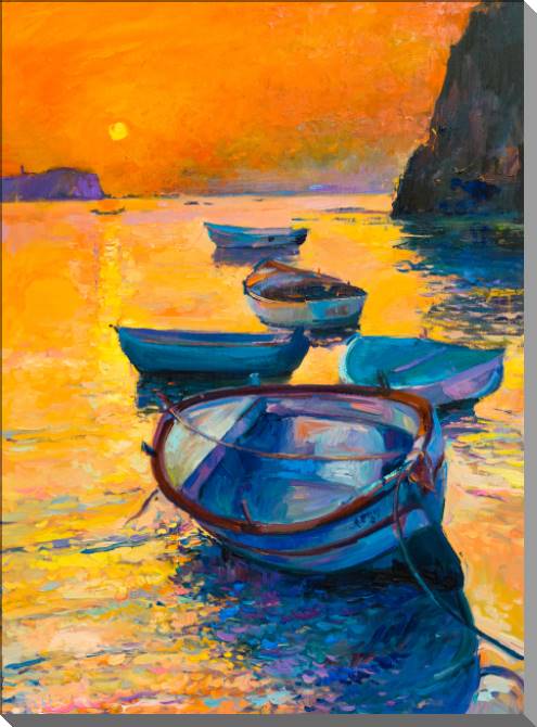 Купить и печать на заказ Картины на пластике, пеноркартоне Лодки на закате
