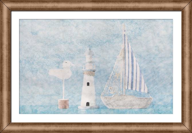 Картины в рамке, багете Children's boat, lighthouse and Seagull