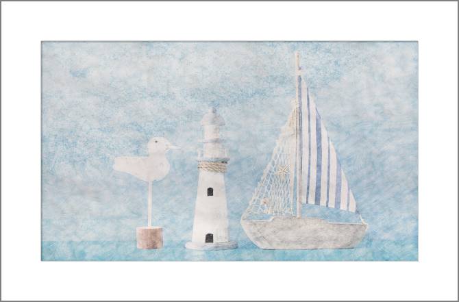 Купить и печать на заказ Картины, фото с паспарту Детский кораблик, маяк и чайка