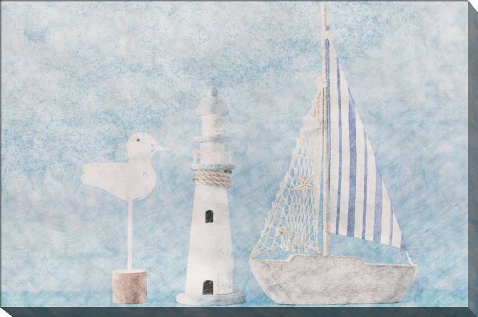 Купить и печать на заказ Картины на холсте Детский кораблик, маяк и чайка