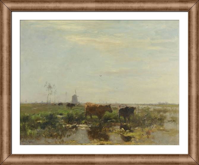 Купить и печать на заказ Картины в рамке, багете Луг с коровами у воды