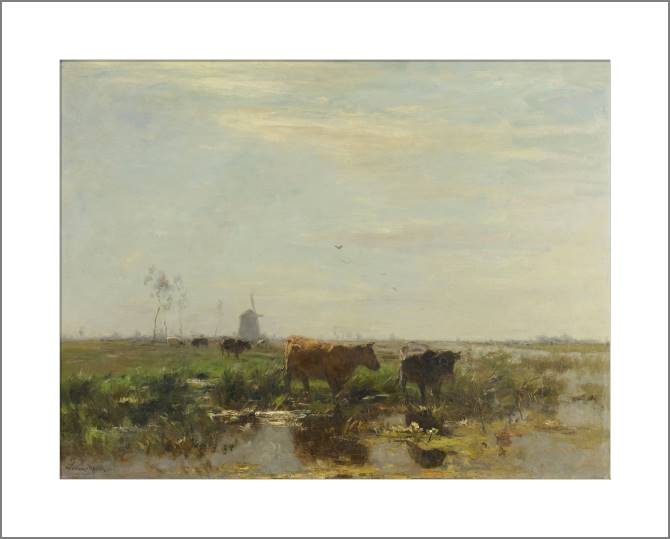 Купить и печать на заказ Картины, фото с паспарту Луг с коровами у воды