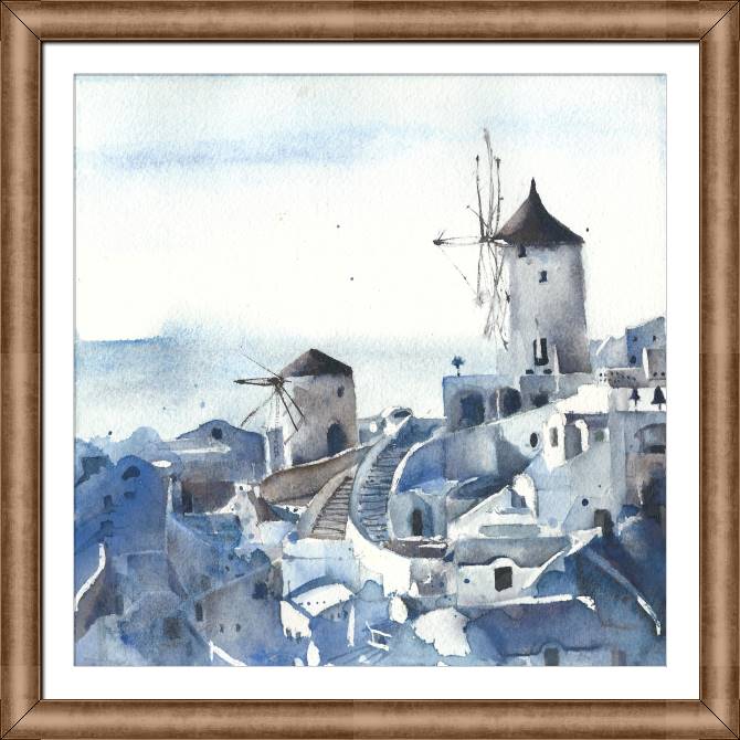 Купить и печать на заказ Репродукции картин Акварельный рисунок Санторини, Греция