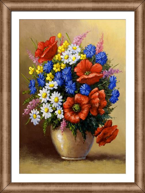 Купить и печать на заказ Картины в рамке, багете Букет с маками в вазе
