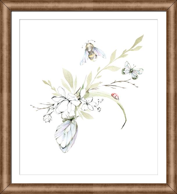 Картины в рамке, багете Delicate illustration with butterfly and bee