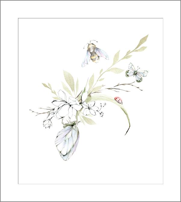 Купить и печать на заказ Картины, фото с паспарту Нежная иллюстрация с бабочками и пчелой