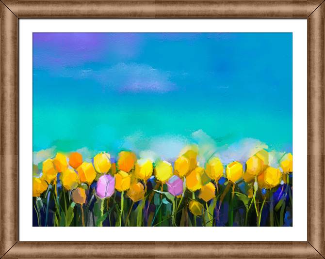 Купить и печать на заказ Картины в рамке, багете Тюльпаны на голубом фоне