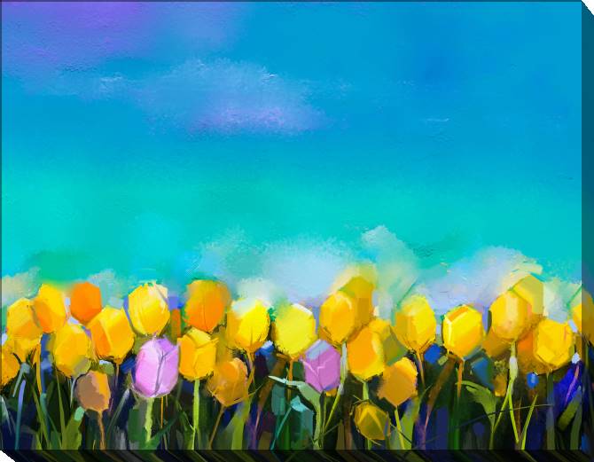 Купить и печать на заказ Картины на холсте Тюльпаны на голубом фоне