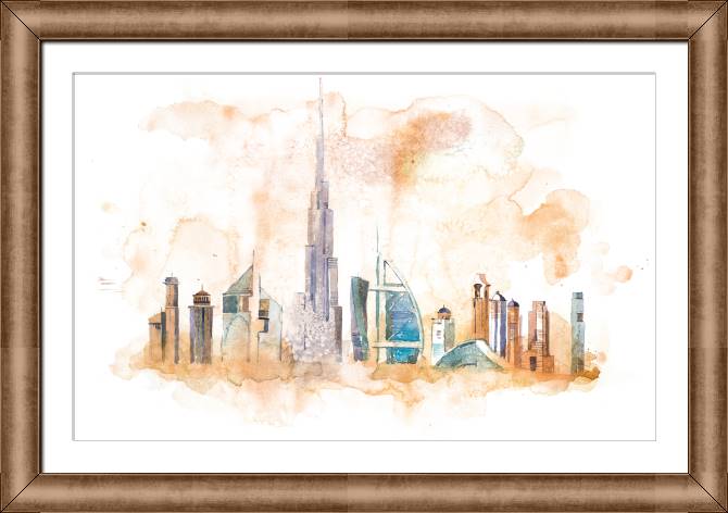 Купить и печать на заказ Картины в рамке, багете Горизонт Дубая акварель