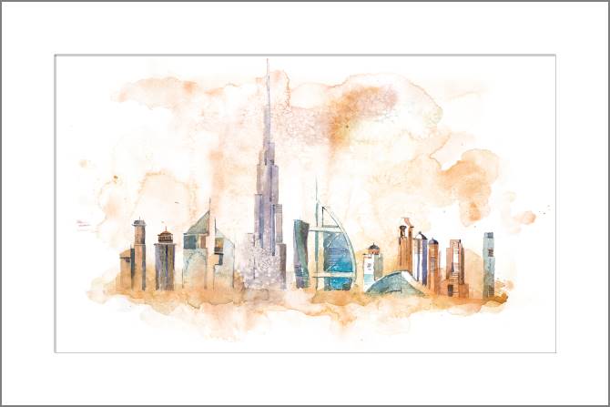 Paintings, photos from Passepartout Dubai skyline watercolor