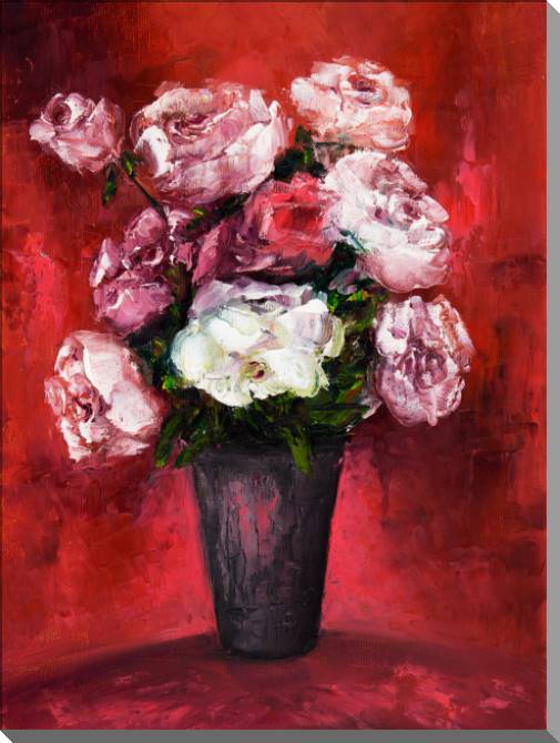 Купить и печать на заказ Картины на пластике, пеноркартоне Живописные пионы на красном фоне