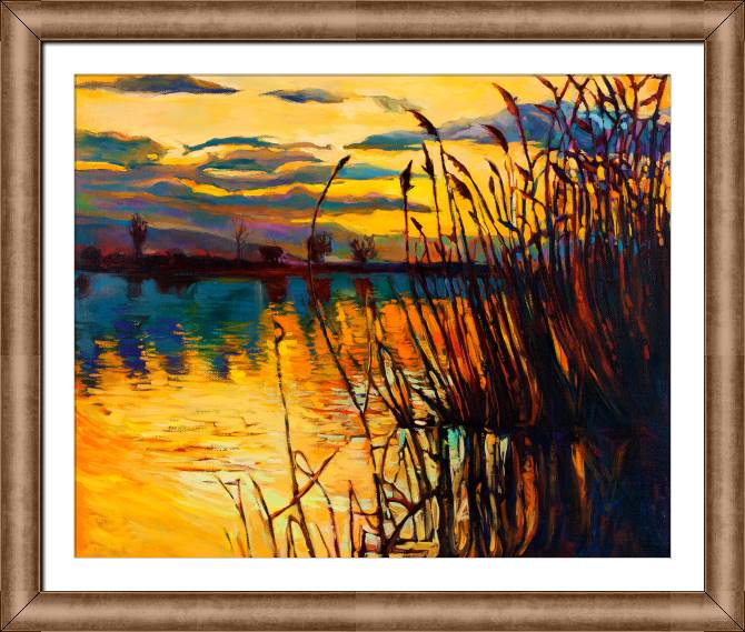 Купить и печать на заказ Картины в рамке, багете Золотой закат над озером