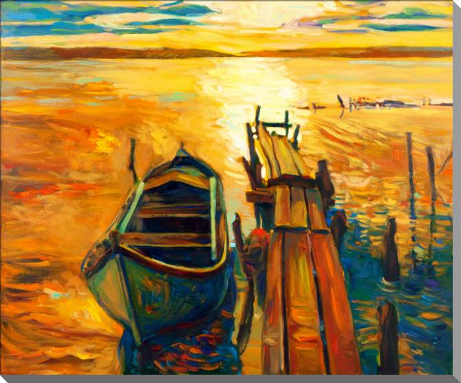 Купить и печать на заказ Картины на пластике, пеноркартоне Лодка на берегу в теплый летний день