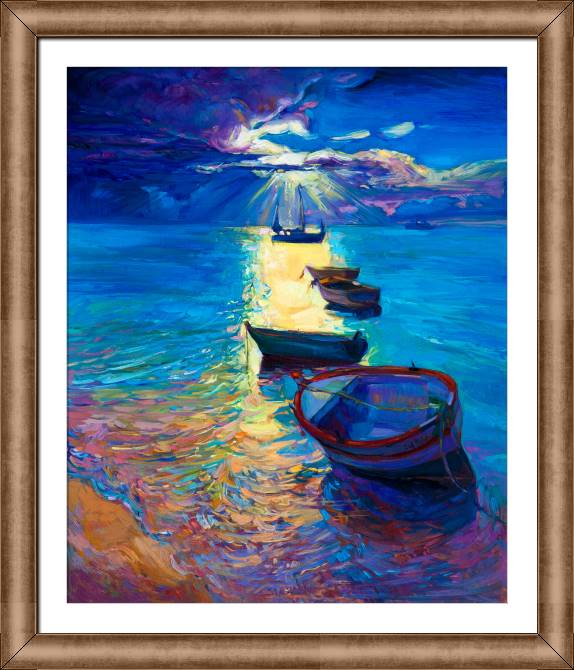 Купить и печать на заказ Картины в рамке, багете Лодки на море в спокойный день