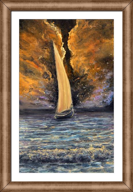 Купить и печать на заказ Картины в рамке, багете Парусник и золотой закат