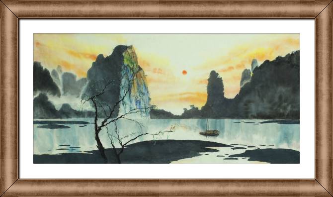 Купить и печать на заказ Картины в рамке, багете Китайская живопись лодка на реке