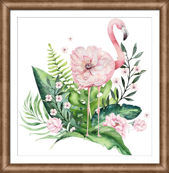 Купить и печать на заказ Картины в рамке, багете Фламинго и тропические листья