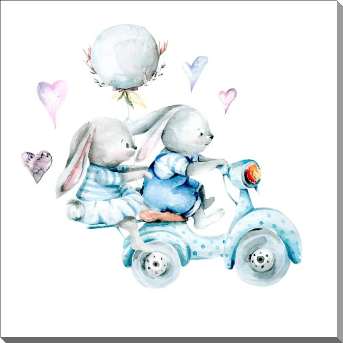 Купить и печать на заказ Картины на пластике, пеноркартоне Зайчата на мопеде акварельная иллюстрация