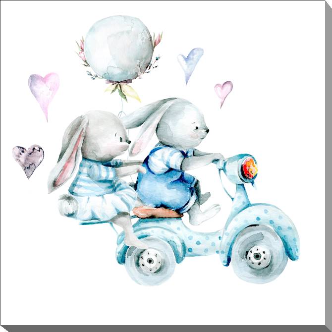Купить и печать на заказ Картины на холсте Зайчата на мопеде акварельная иллюстрация