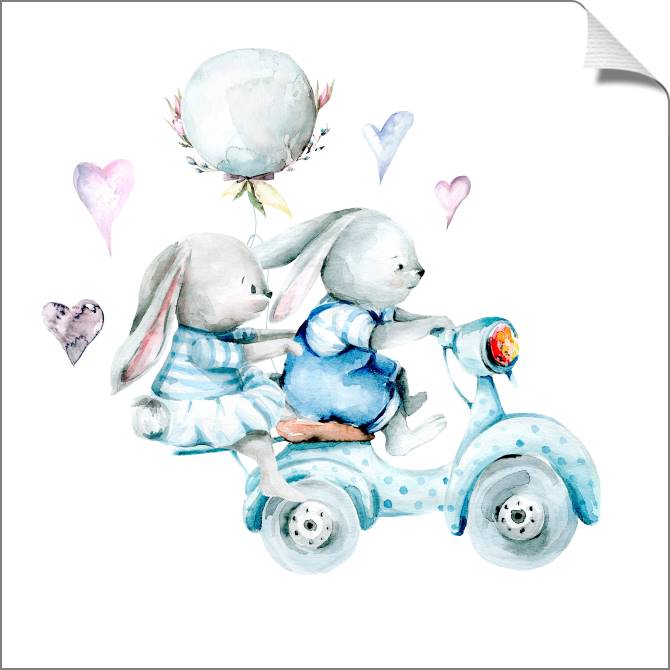 Купить и печать на заказ Картины на холсте Зайчата на мопеде акварельная иллюстрация
