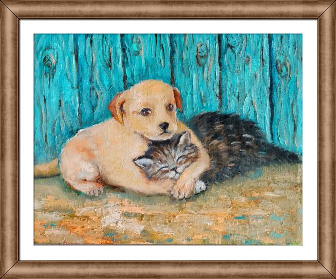 Купить и печать на заказ Картины в рамке, багете Котенок и щенок
