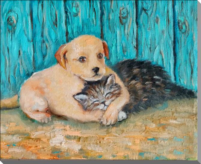 Купить и печать на заказ Картины на пластике, пеноркартоне Котенок и щенок
