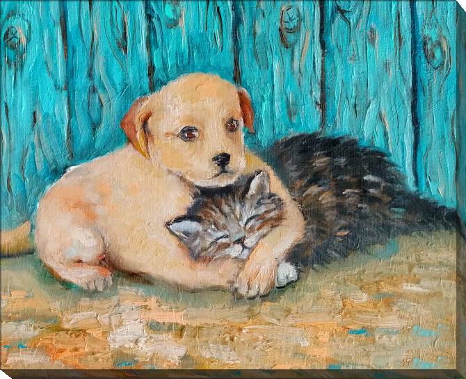 Купить и печать на заказ Картины на холсте Котенок и щенок